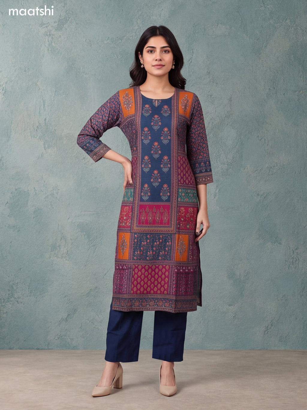 Peacock Blue Modal Floral Printed & Embroidery Work Straight Suit