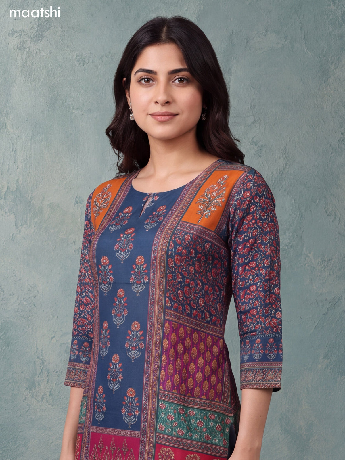 Peacock Blue Modal Floral Printed & Embroidery Work Straight Suit