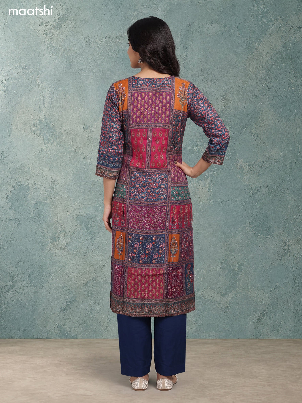 Peacock Blue Modal Floral Printed & Embroidery Work Straight Suit