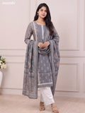 Grey and Biege Modal Printed & Lace Embroidery Work Straight Suit