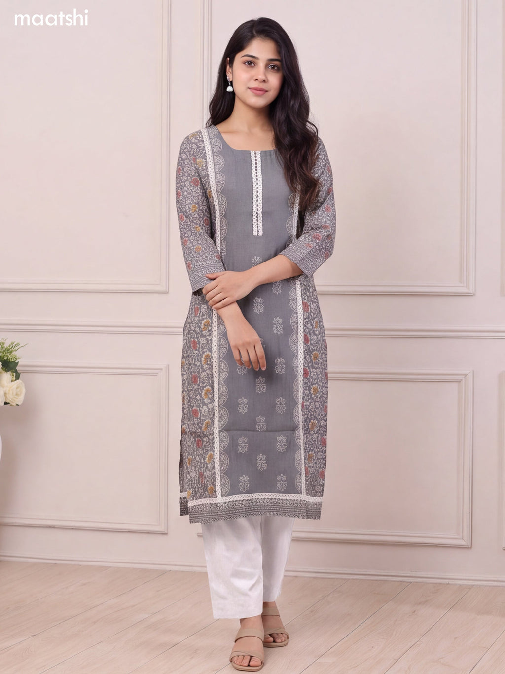 Grey and Biege Modal Printed & Lace Embroidery Work Straight Suit