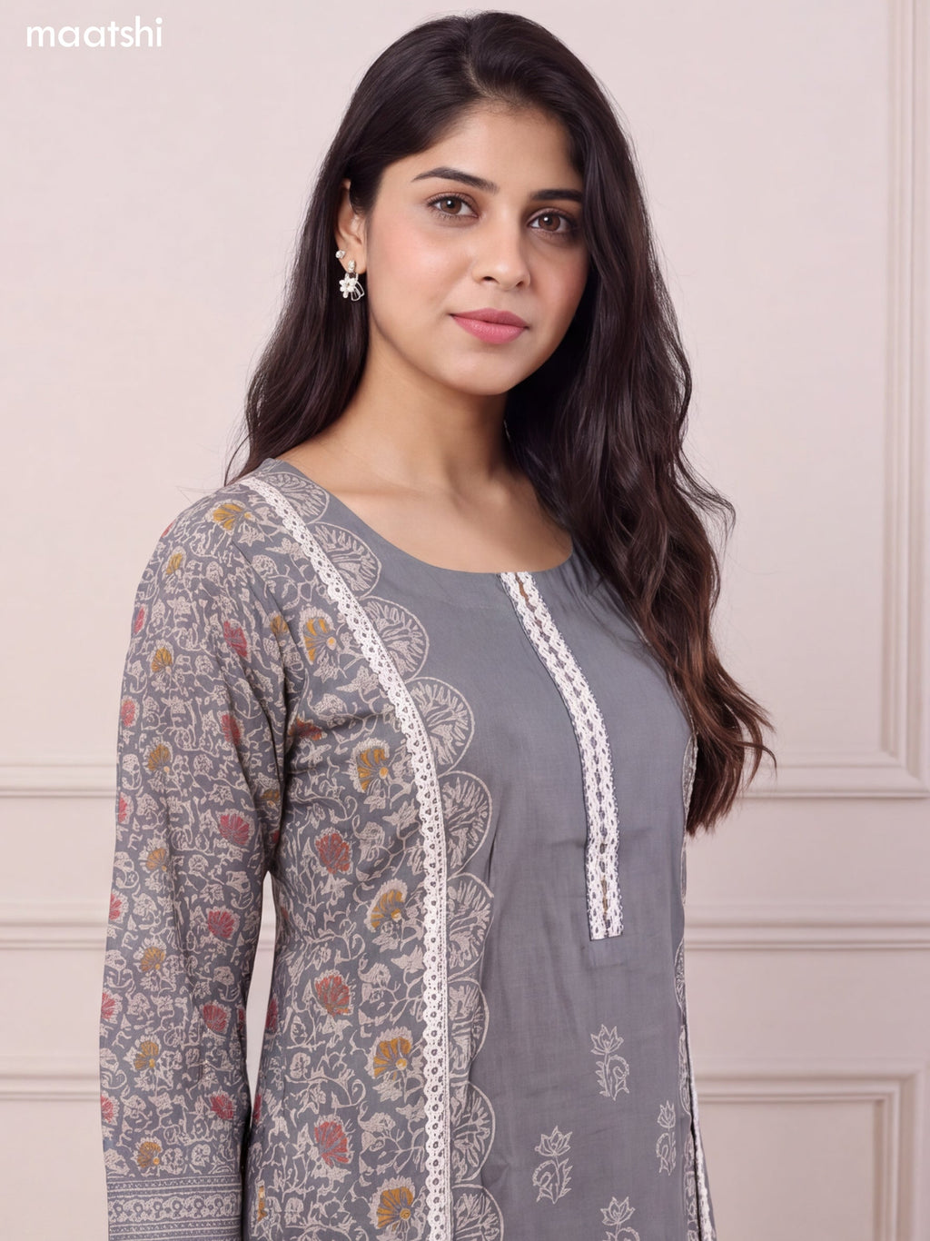 Grey and Biege Modal Printed & Lace Embroidery Work Straight Suit