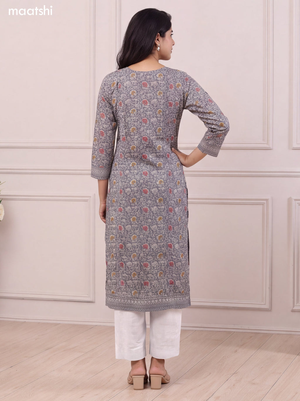 Grey and Biege Modal Printed & Lace Embroidery Work Straight Suit
