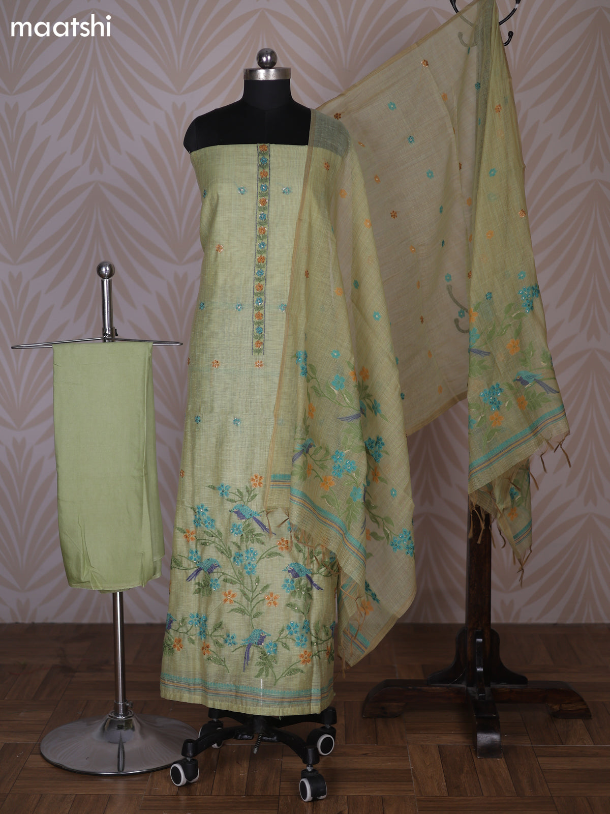 Pista Green Linen Cotton Dress Material With Kantha Stitch Work Neck Pattern