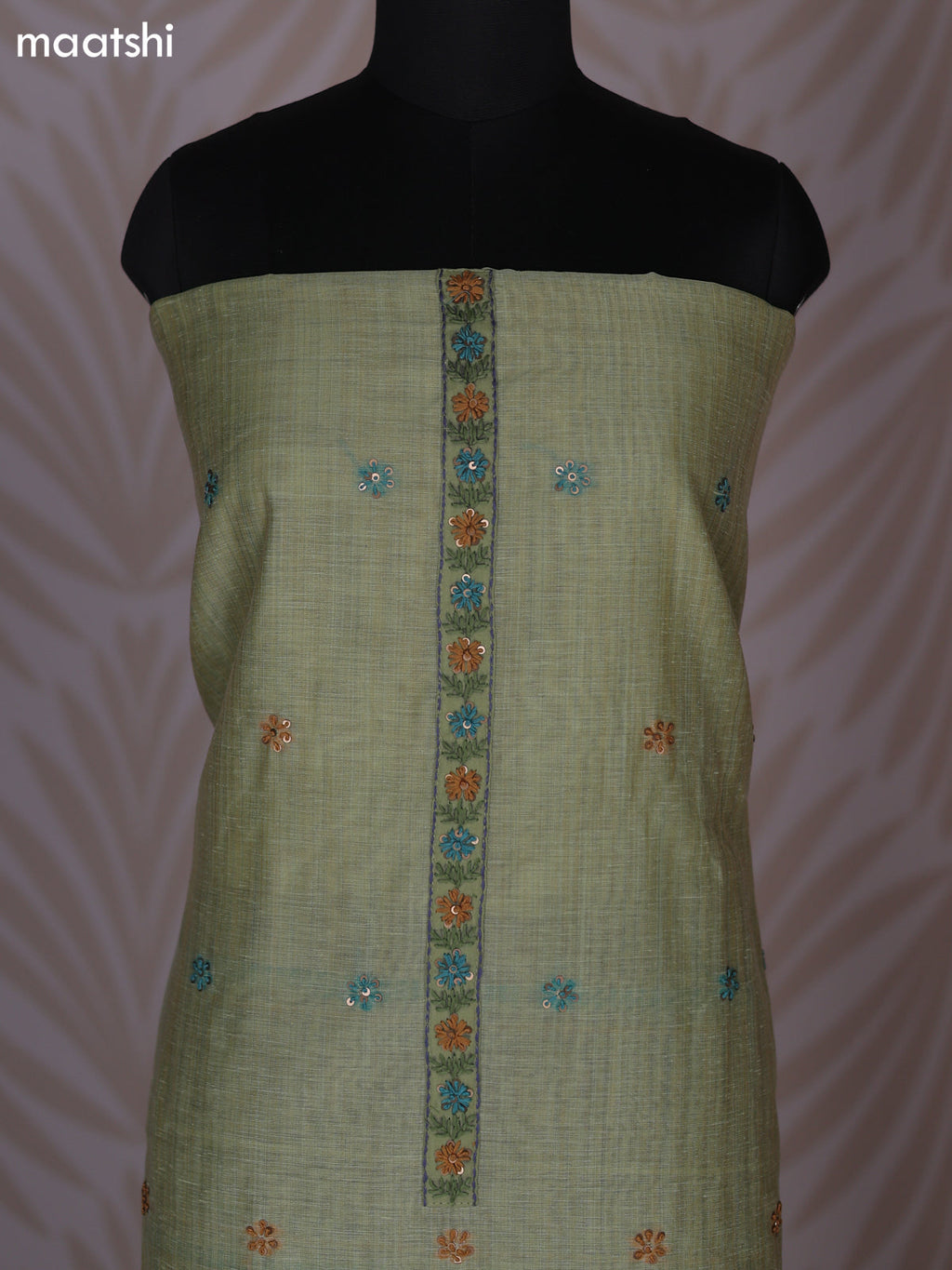 Pista Green Linen Cotton Dress Material With Kantha Stitch Work Neck Pattern