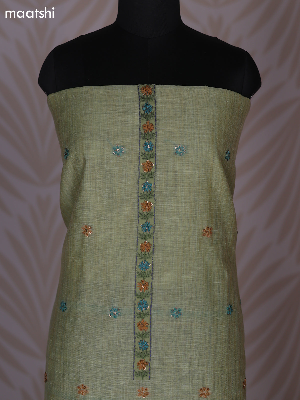 Pista Green Linen Cotton Dress Material With Kantha Stitch Work Neck Pattern