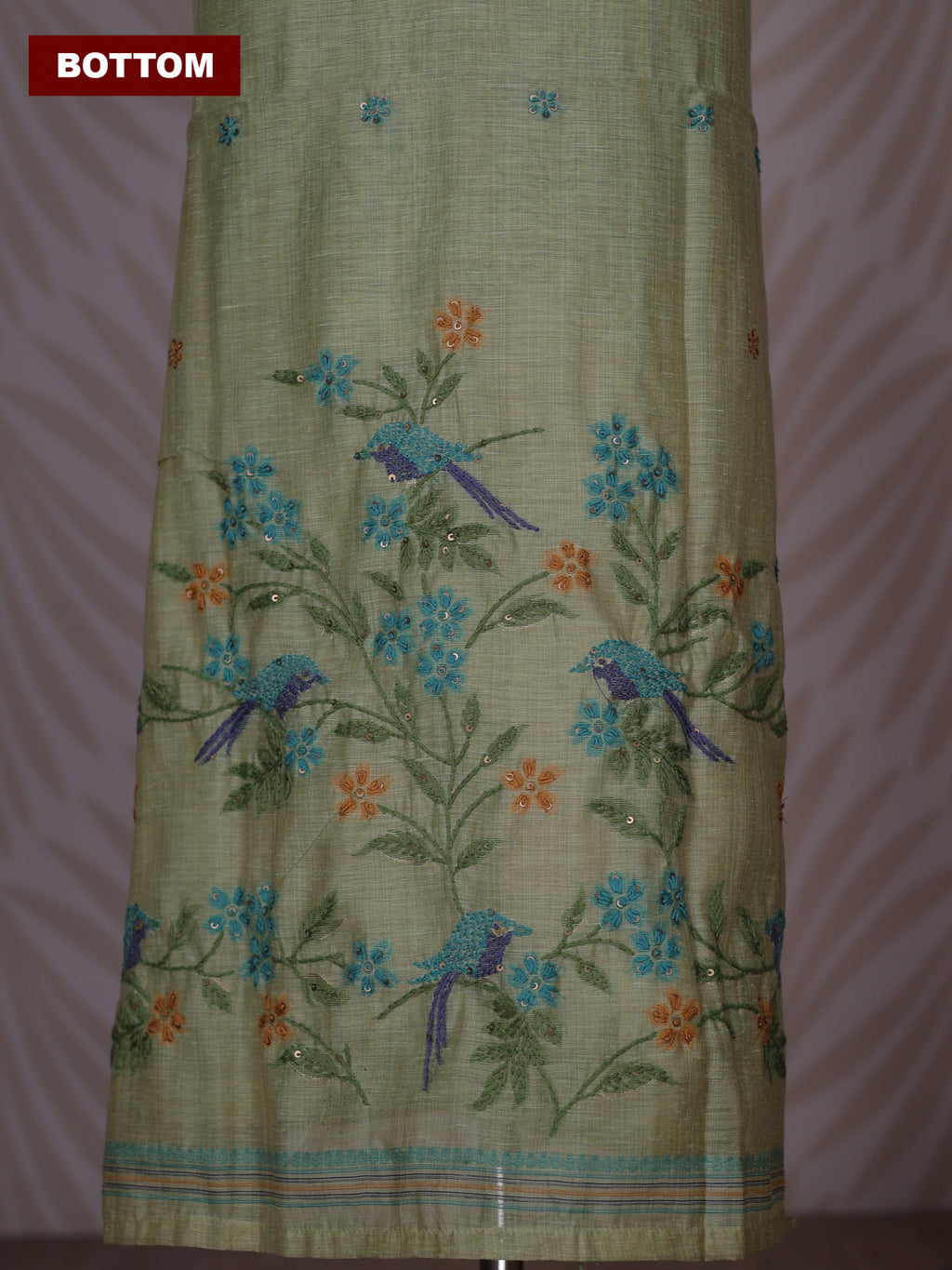 Pista Green Linen Cotton Dress Material With Kantha Stitch Work Neck Pattern
