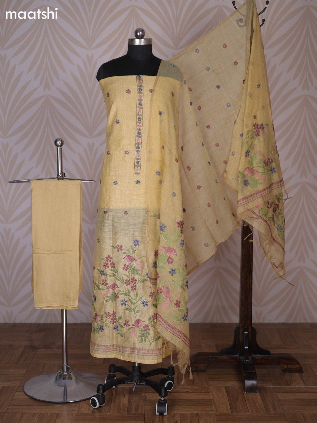 Pale Yellow Linen Cotton Dress Material With Kantha Stitch Work Neck Pattern