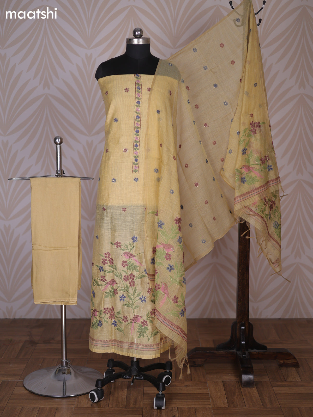 Pale Yellow Linen Cotton Dress Material With Kantha Stitch Work Neck Pattern