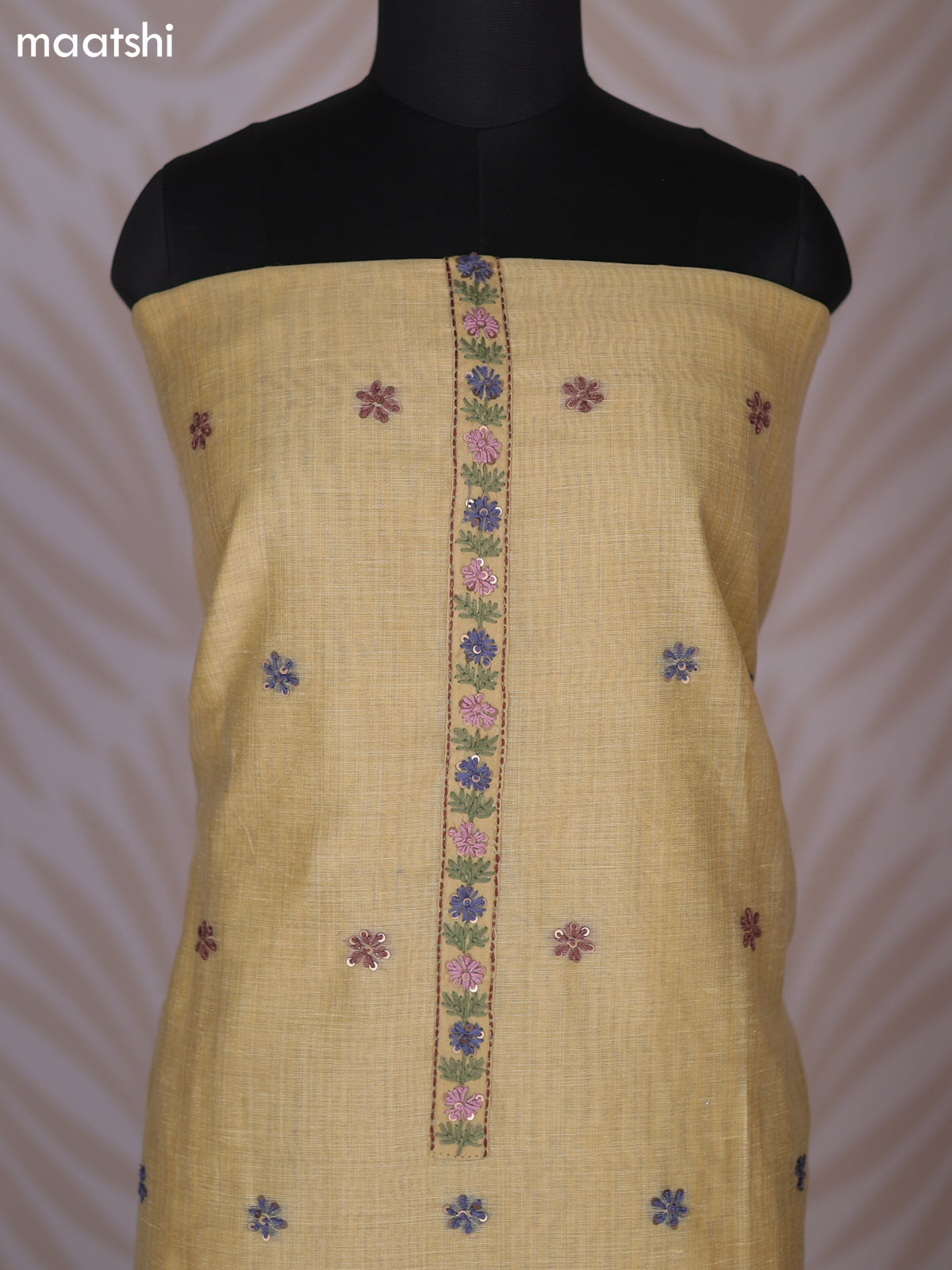 Pale Yellow Linen Cotton Dress Material With Kantha Stitch Work Neck Pattern