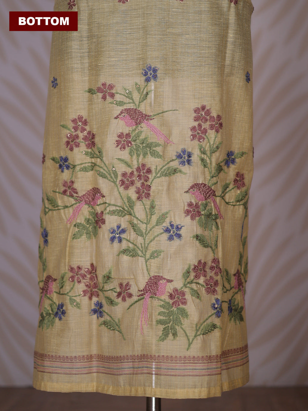 Pale Yellow Linen Cotton Dress Material With Kantha Stitch Work Neck Pattern