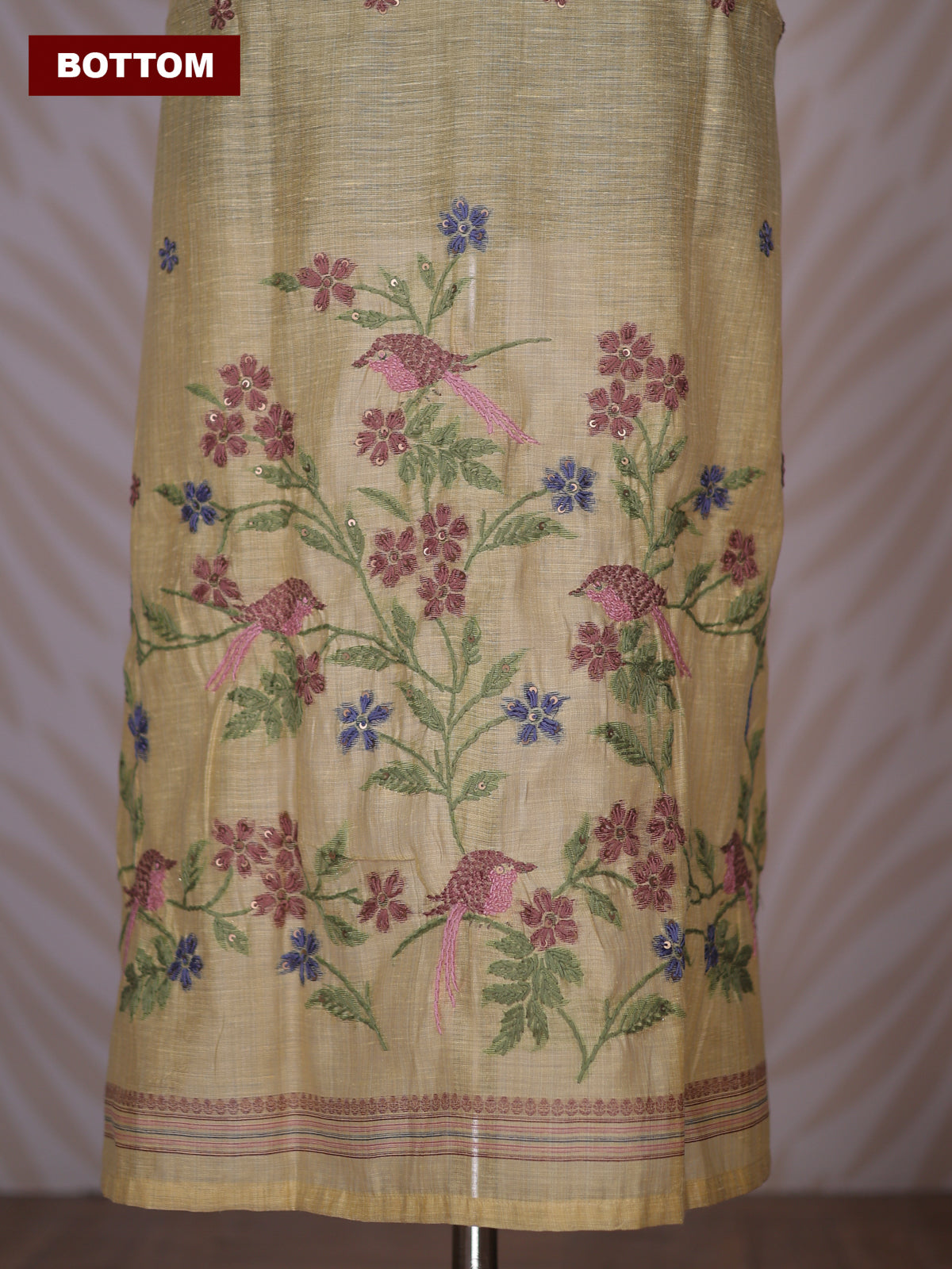 Pale Yellow Linen Cotton Dress Material With Kantha Stitch Work Neck Pattern