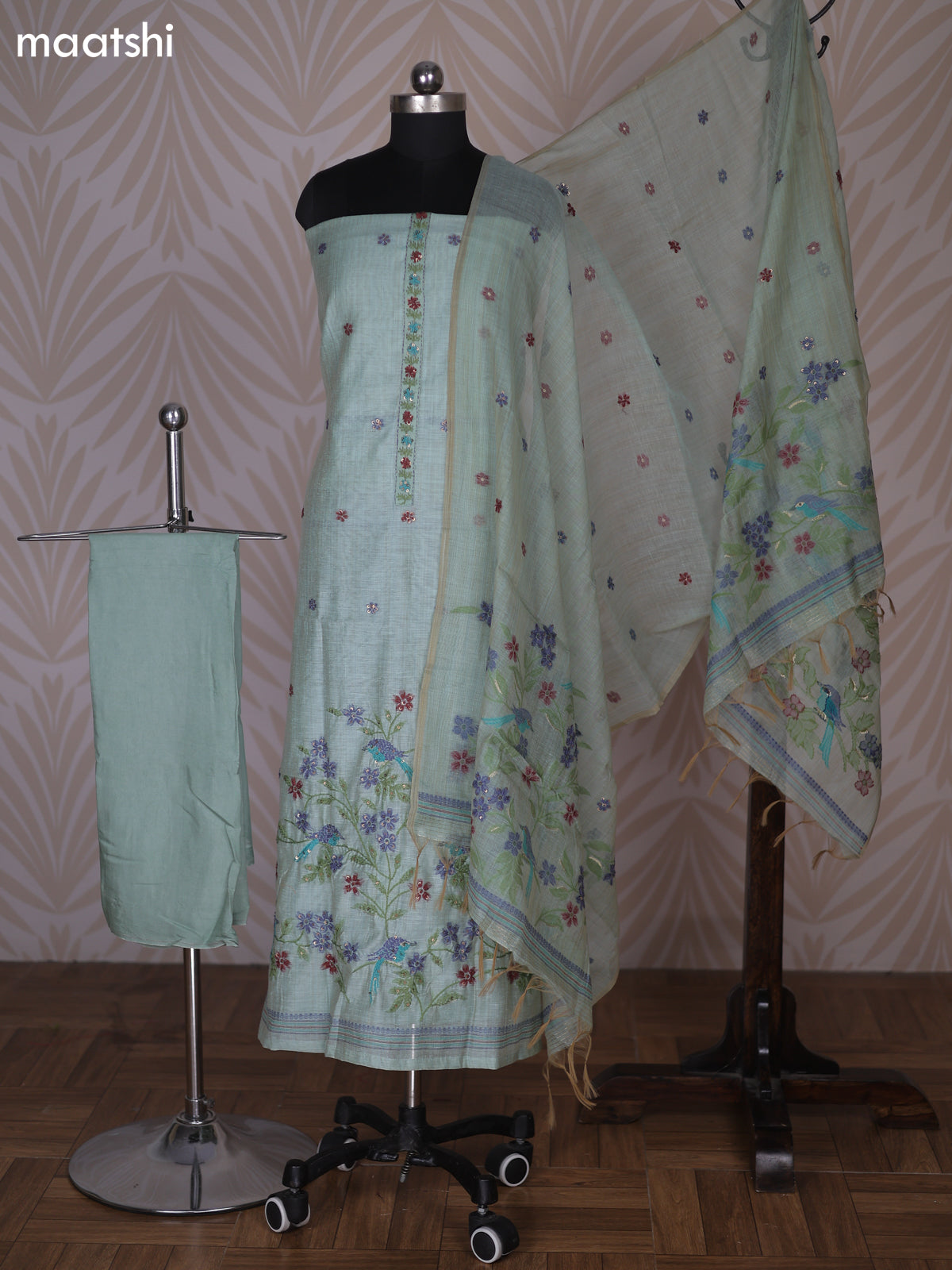 Teal Shade Linen Cotton Dress Material With Kantha Stitch Work Neck Pattern