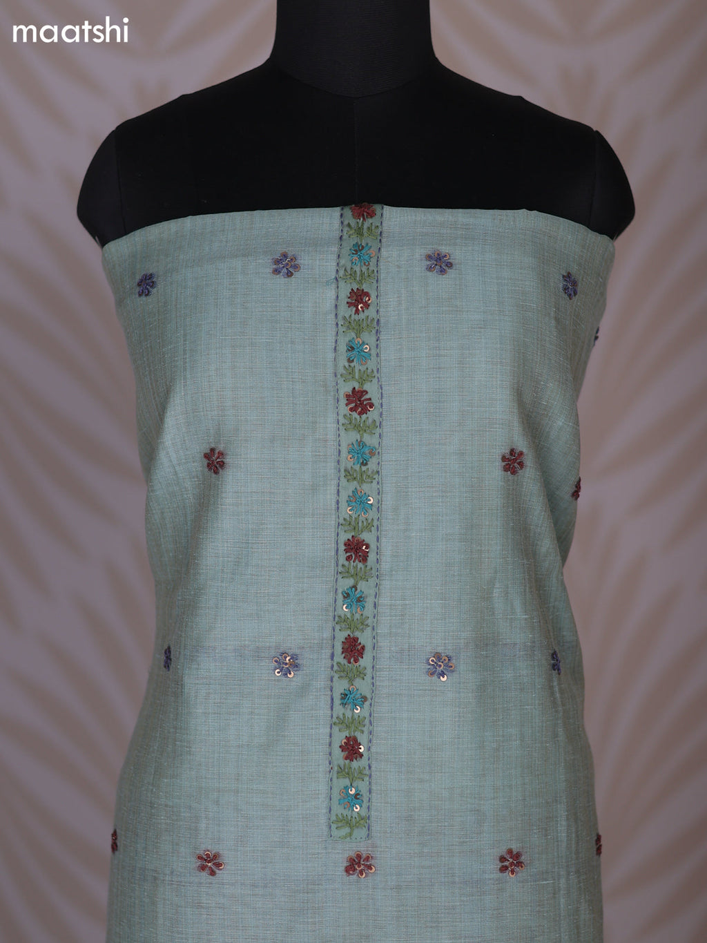 Teal Shade Linen Cotton Dress Material With Kantha Stitch Work Neck Pattern