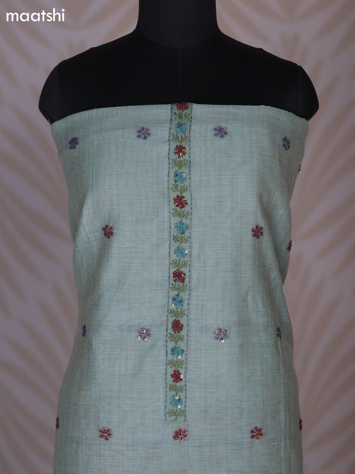 Teal Shade Linen Cotton Dress Material With Kantha Stitch Work Neck Pattern