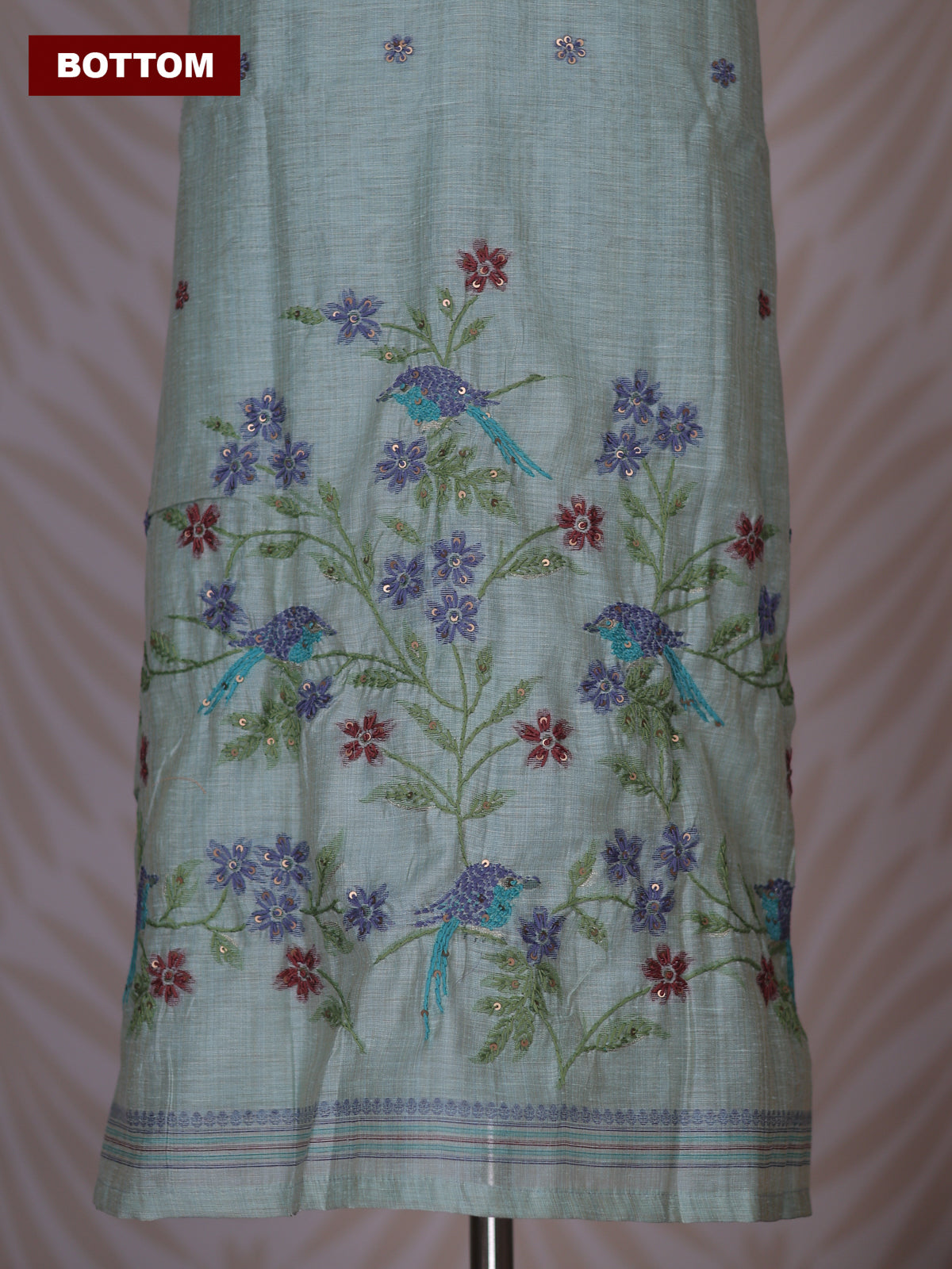 Teal Shade Linen Cotton Dress Material With Kantha Stitch Work Neck Pattern