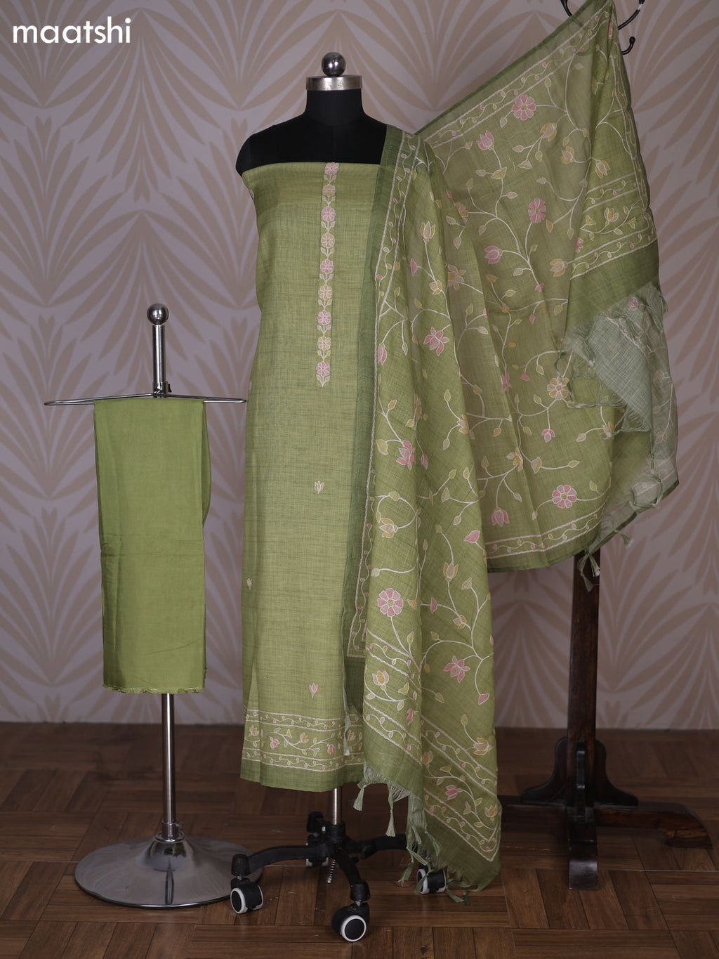 Mehendi Green Linen Cotton Dress Material With Floral Embroidery Work Neck Pattern