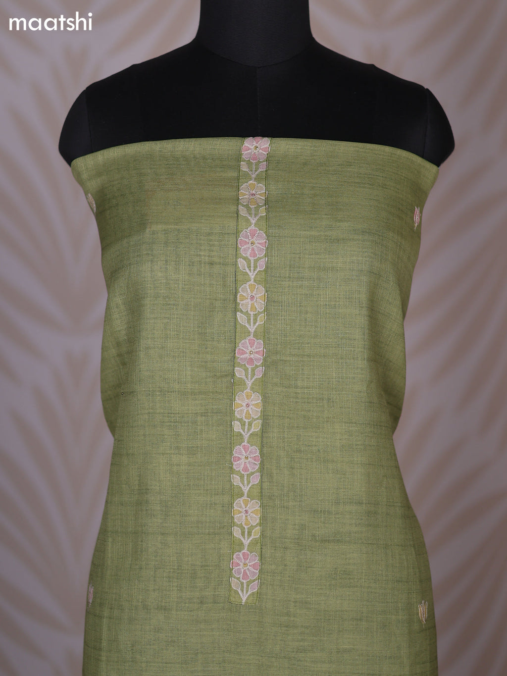 Mehendi Green Linen Cotton Dress Material With Floral Embroidery Work Neck Pattern