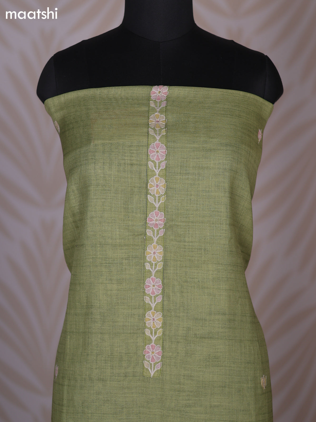 Mehendi Green Linen Cotton Dress Material With Floral Embroidery Work Neck Pattern