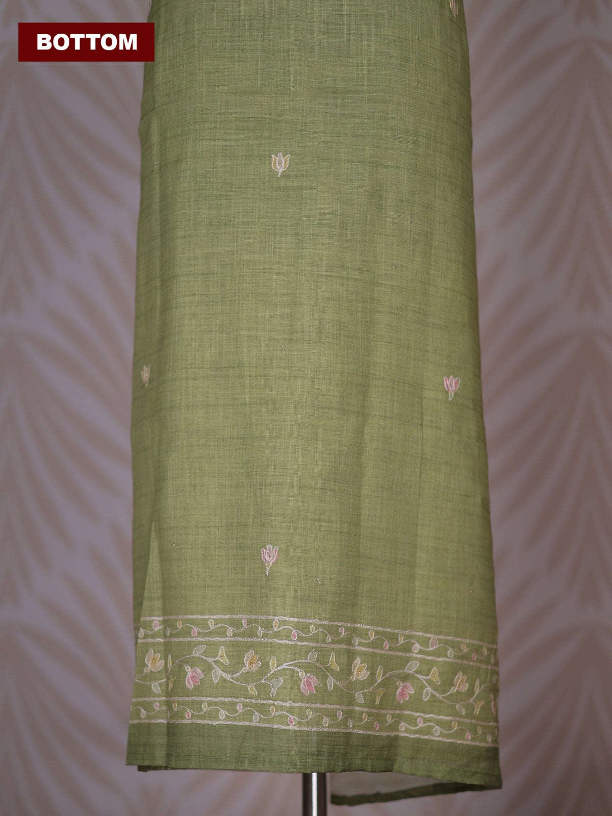 Mehendi Green Linen Cotton Dress Material With Floral Embroidery Work Neck Pattern