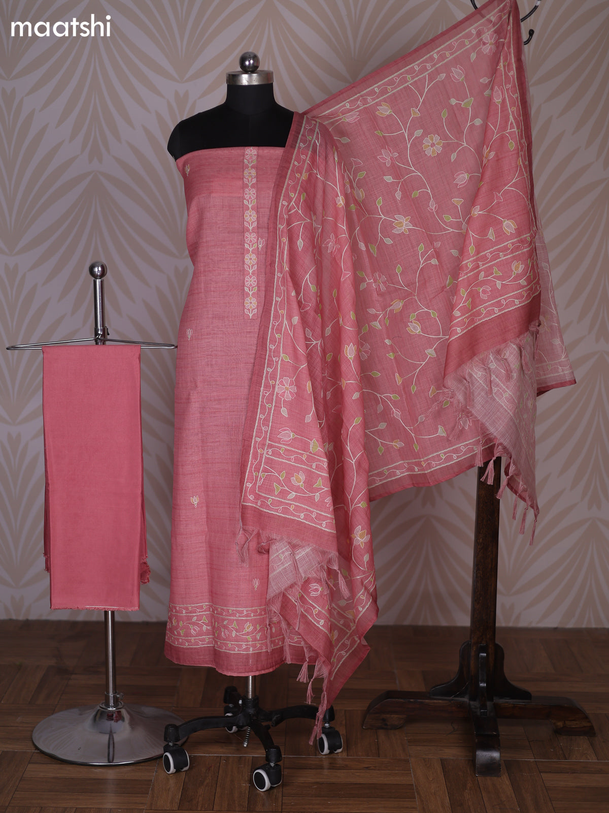 Peach Linen Cotton Dress Material With Floral Embroidery Work Neck Pattern