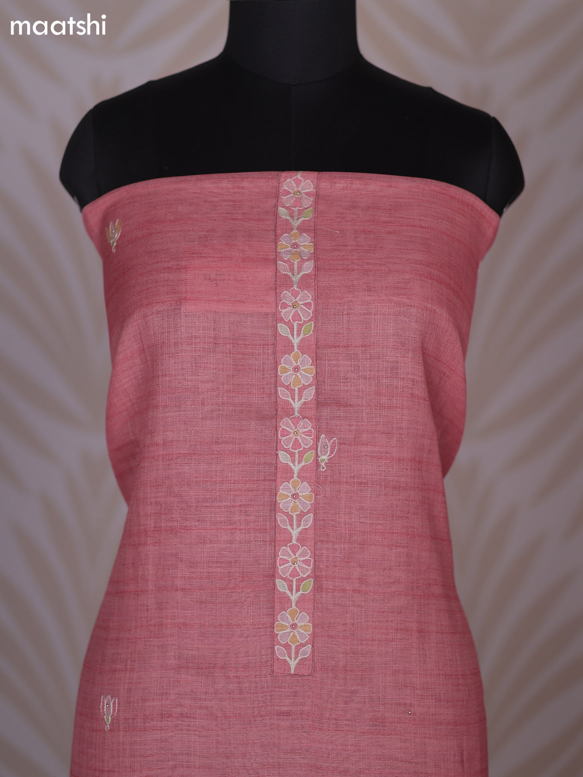 Peach Linen Cotton Dress Material With Floral Embroidery Work Neck Pattern