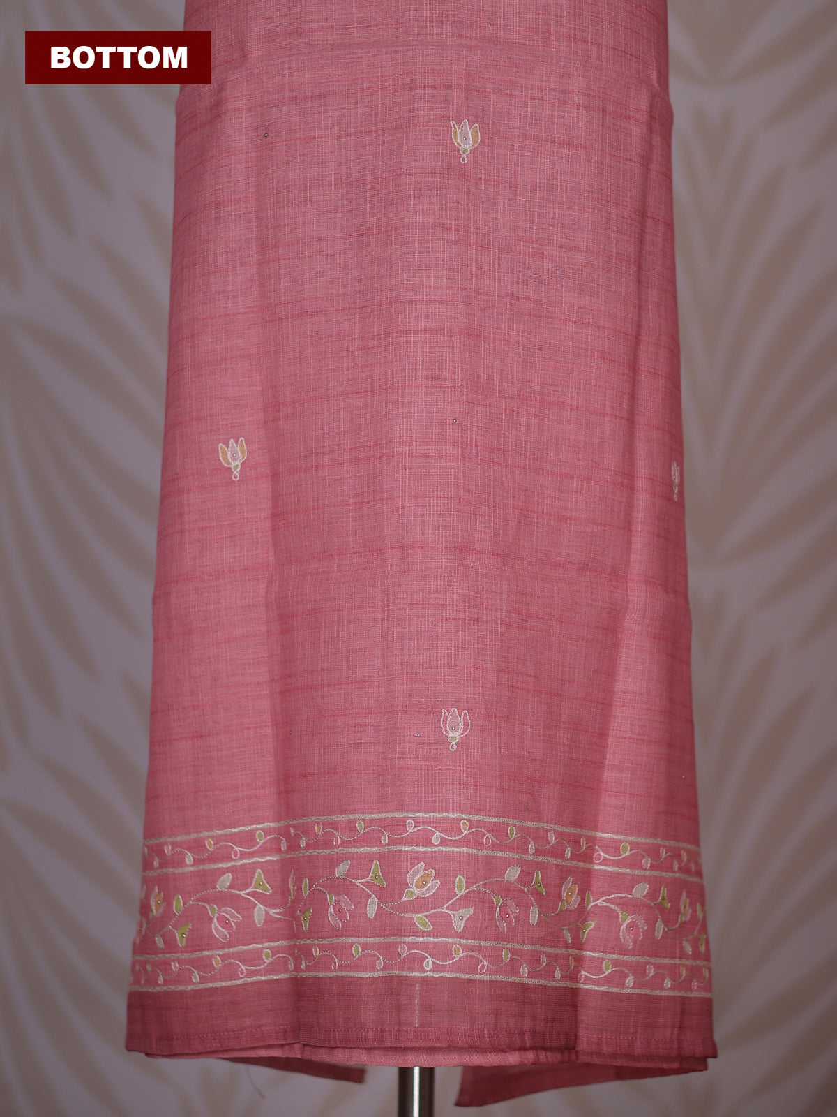 Peach Linen Cotton Dress Material With Floral Embroidery Work Neck Pattern