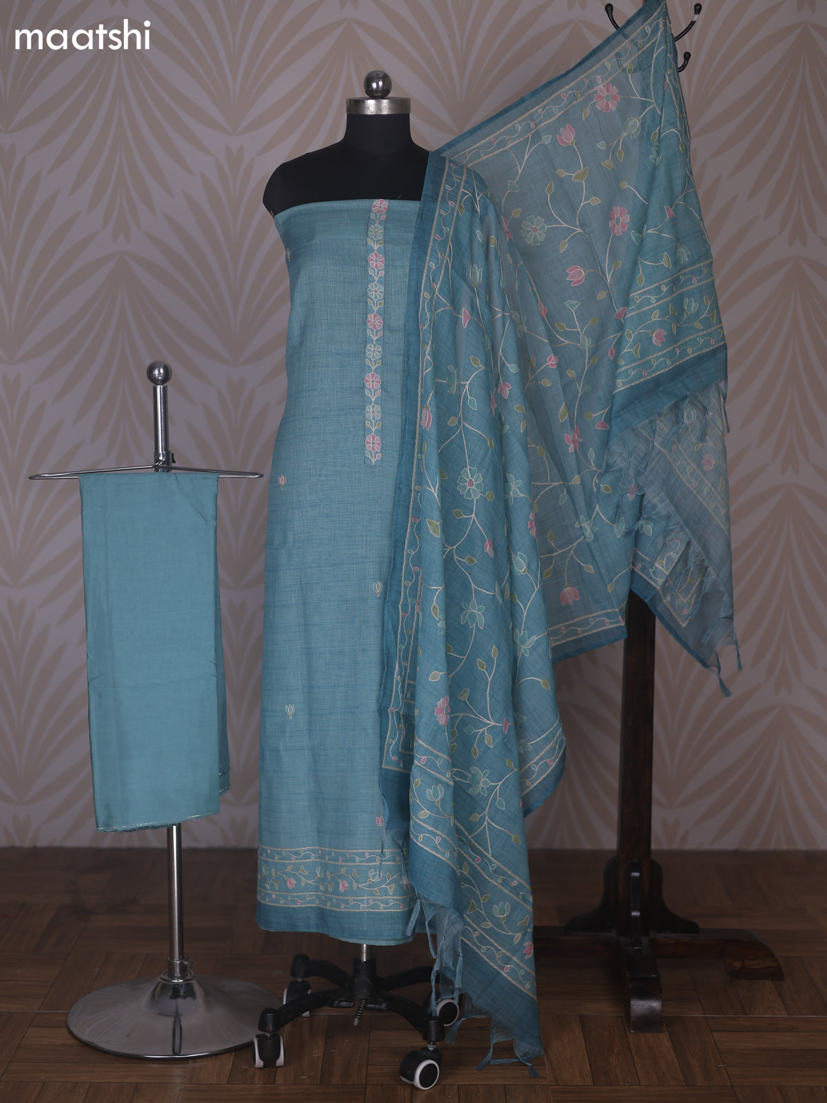 Teal Blue Linen Cotton Dress Material With Floral Embroidery Work Neck Pattern