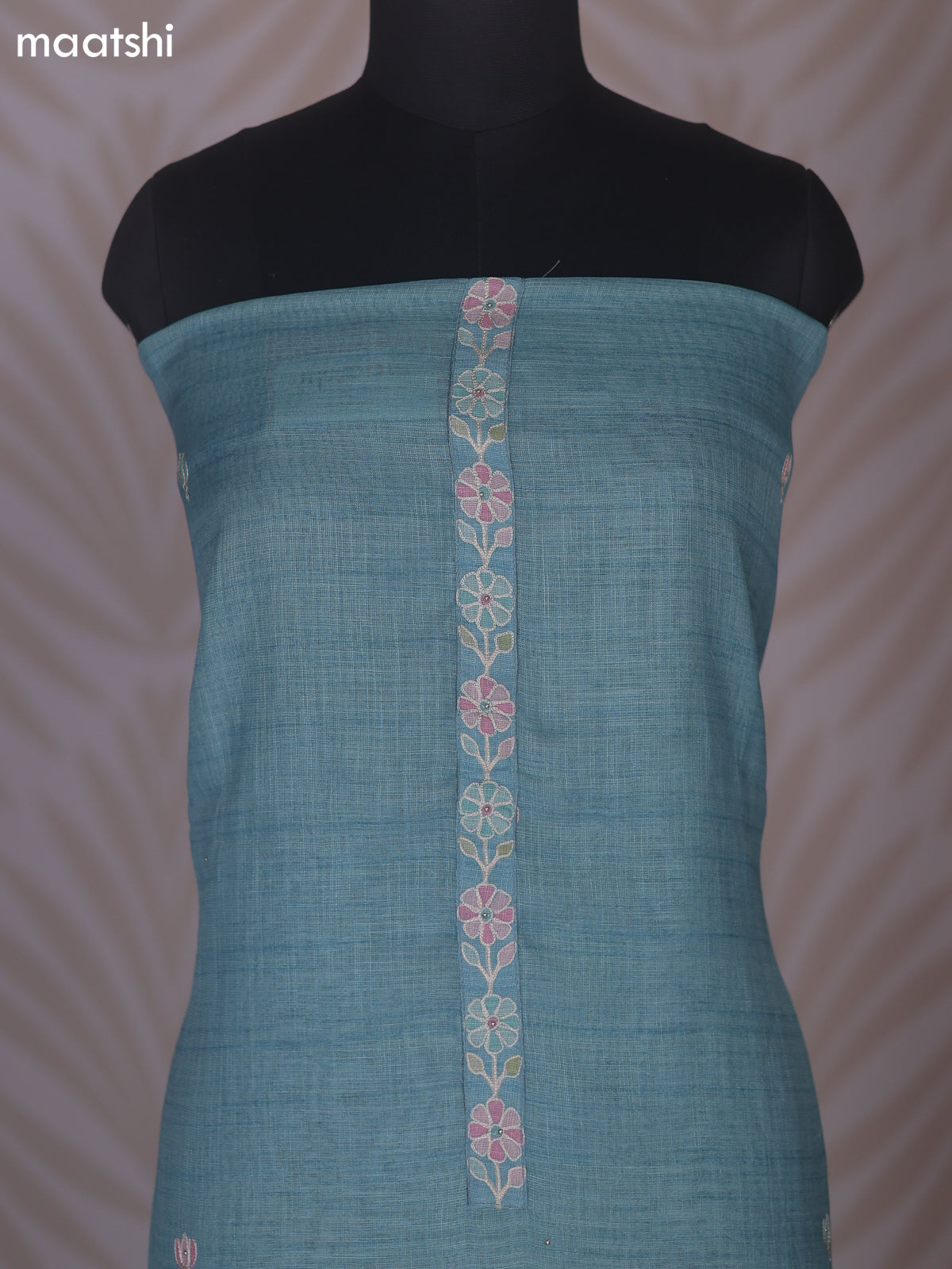 Teal Blue Linen Cotton Dress Material With Floral Embroidery Work Neck Pattern