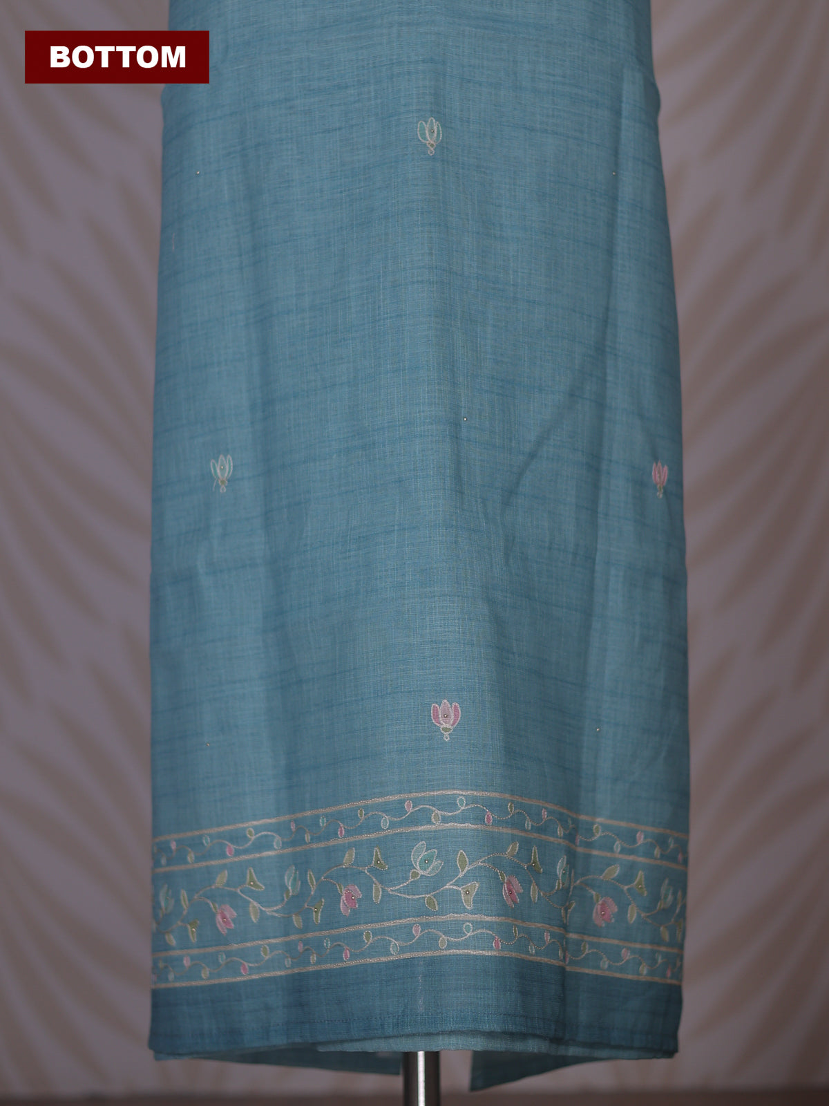 Teal Blue Linen Cotton Dress Material With Floral Embroidery Work Neck Pattern