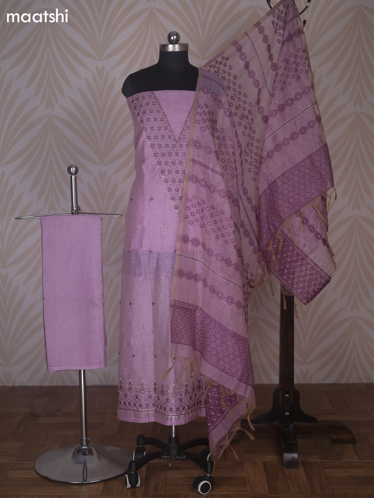 Pastel Purple Linen Cotton Dress Material With Kantha Stitch Work Neck Pattern
