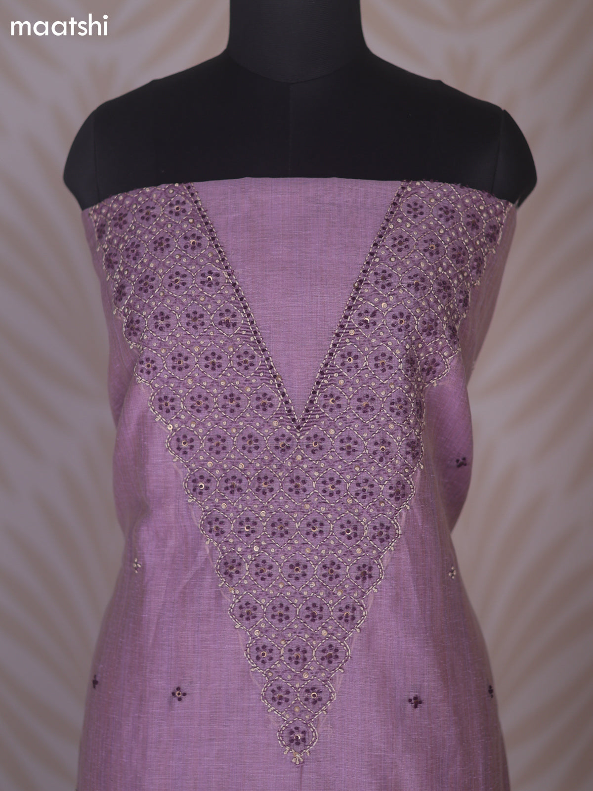 Pastel Purple Linen Cotton Dress Material With Kantha Stitch Work Neck Pattern