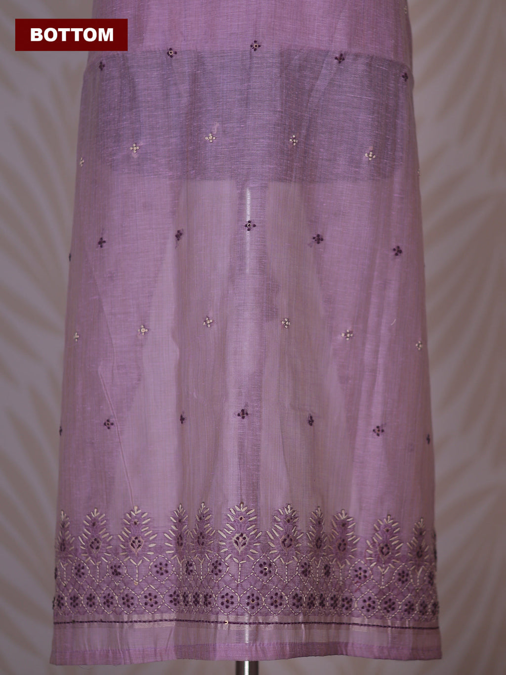 Pastel Purple Linen Cotton Dress Material With Kantha Stitch Work Neck Pattern