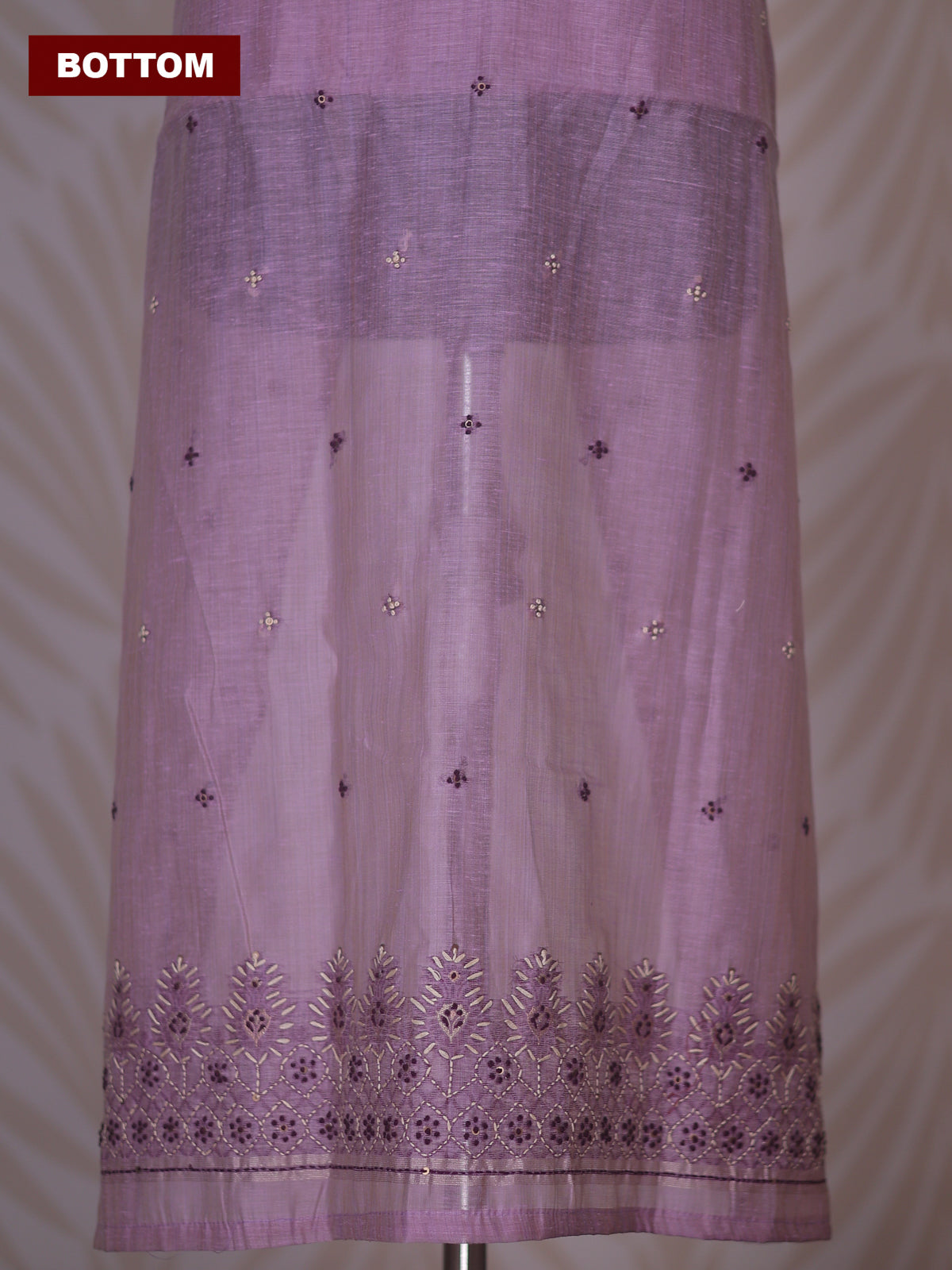 Pastel Purple Linen Cotton Dress Material With Kantha Stitch Work Neck Pattern