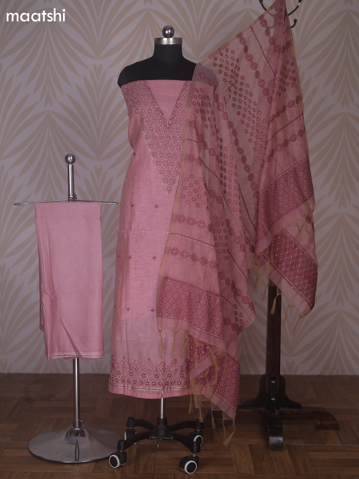 Peach Linen Cotton Dress Material With Kantha Stitch Work Neck Pattern