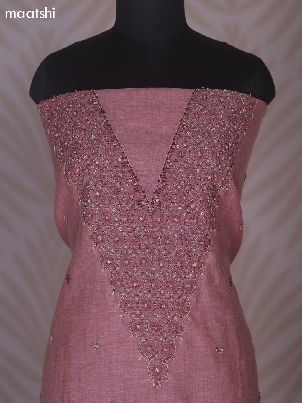 Peach Linen Cotton Dress Material With Kantha Stitch Work Neck Pattern