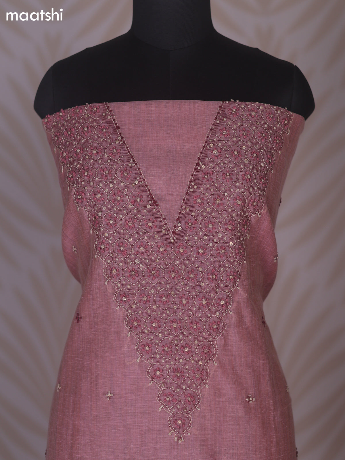 Peach Linen Cotton Dress Material With Kantha Stitch Work Neck Pattern