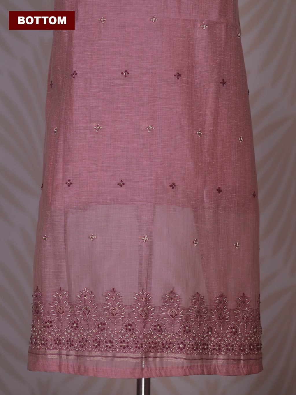 Peach Linen Cotton Dress Material With Kantha Stitch Work Neck Pattern