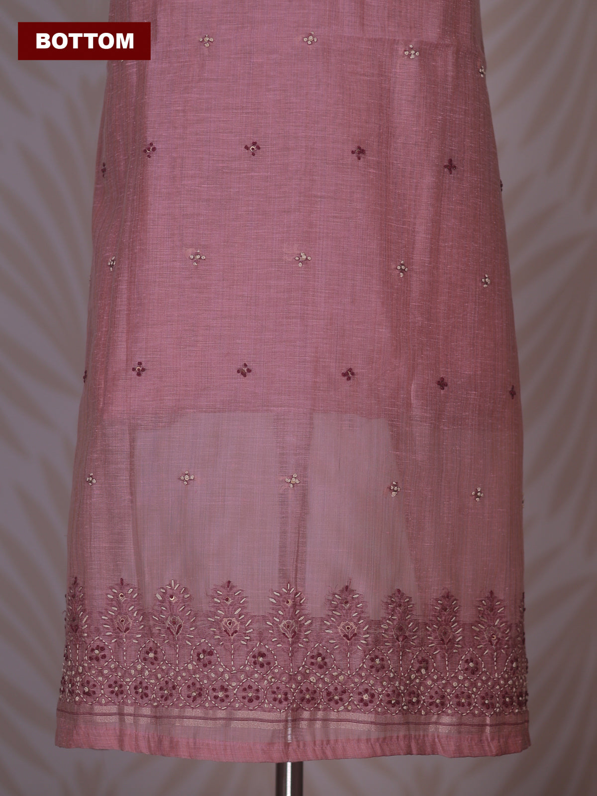 Peach Linen Cotton Dress Material With Kantha Stitch Work Neck Pattern