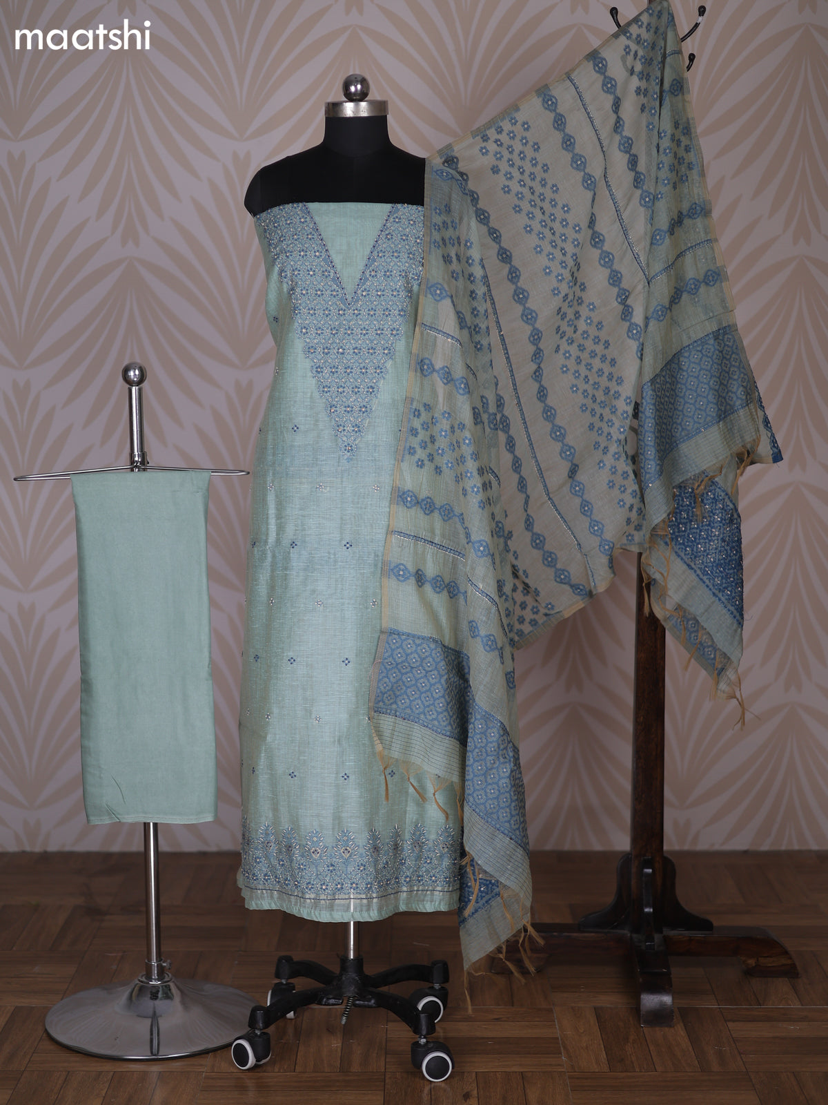 Teal Shade Linen Cotton Dress Material With Kantha Stitch Work Neck Pattern