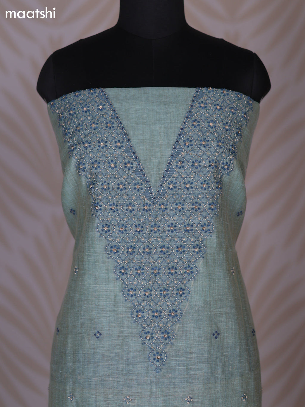 Teal Shade Linen Cotton Dress Material With Kantha Stitch Work Neck Pattern