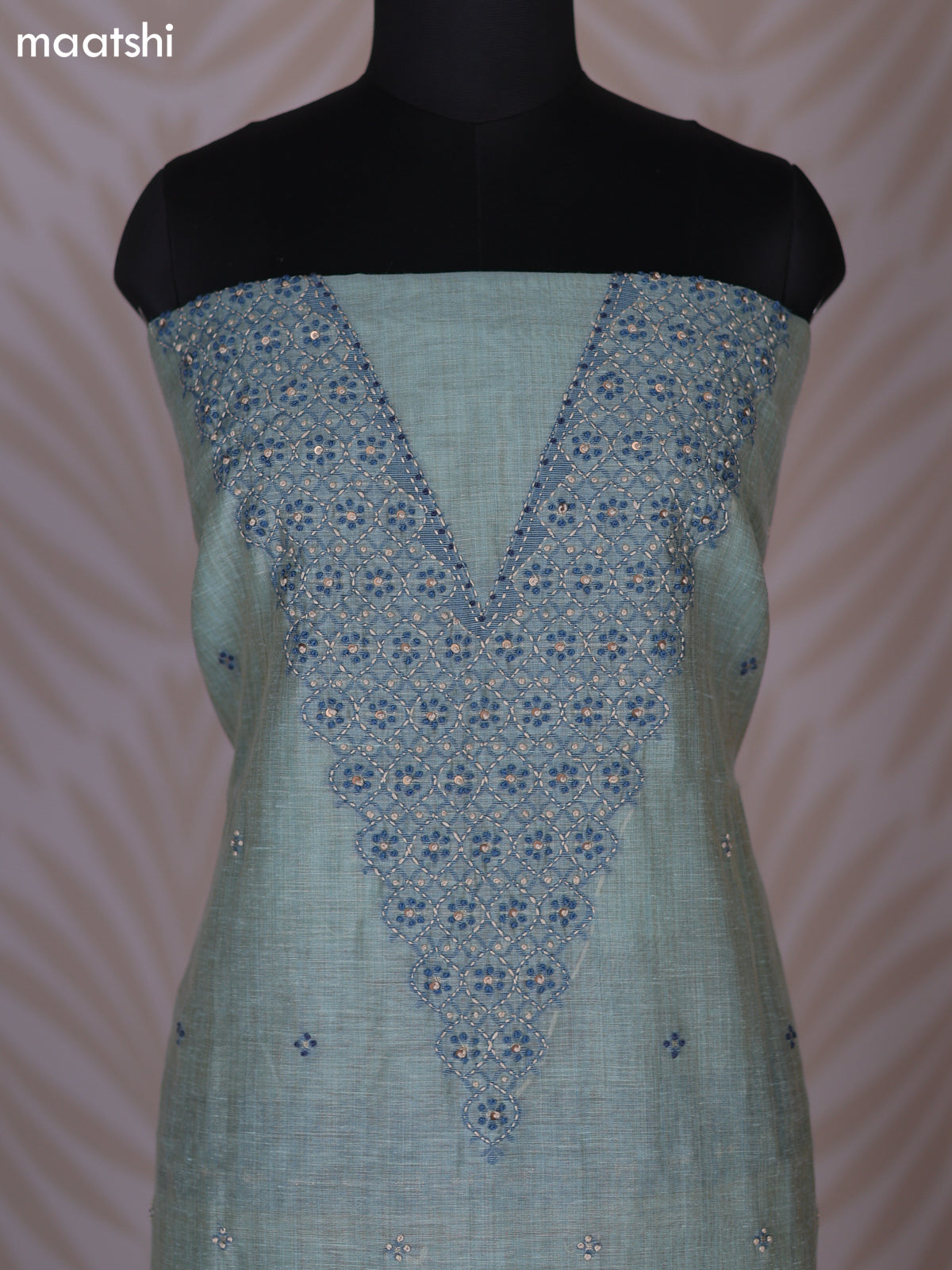 Teal Shade Linen Cotton Dress Material With Kantha Stitch Work Neck Pattern