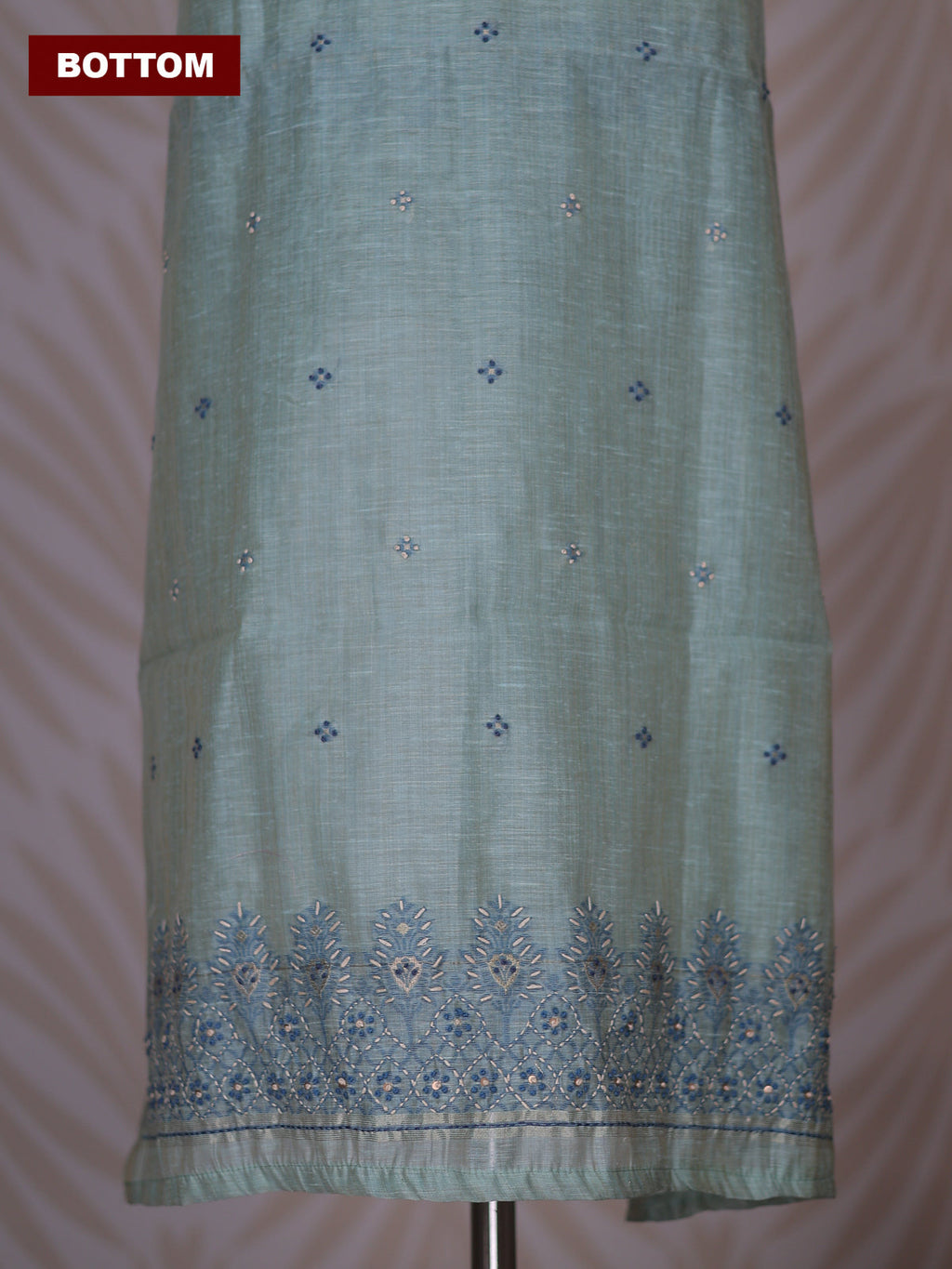 Teal Shade Linen Cotton Dress Material With Kantha Stitch Work Neck Pattern