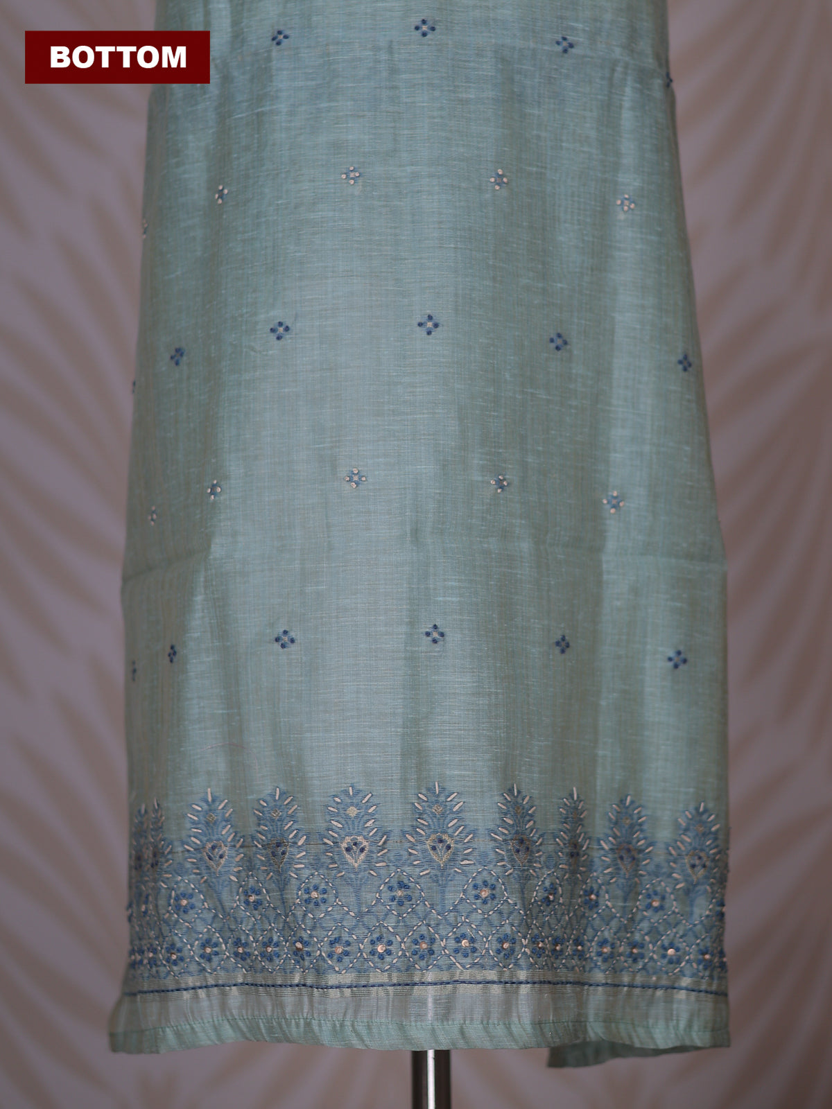Teal Shade Linen Cotton Dress Material With Kantha Stitch Work Neck Pattern