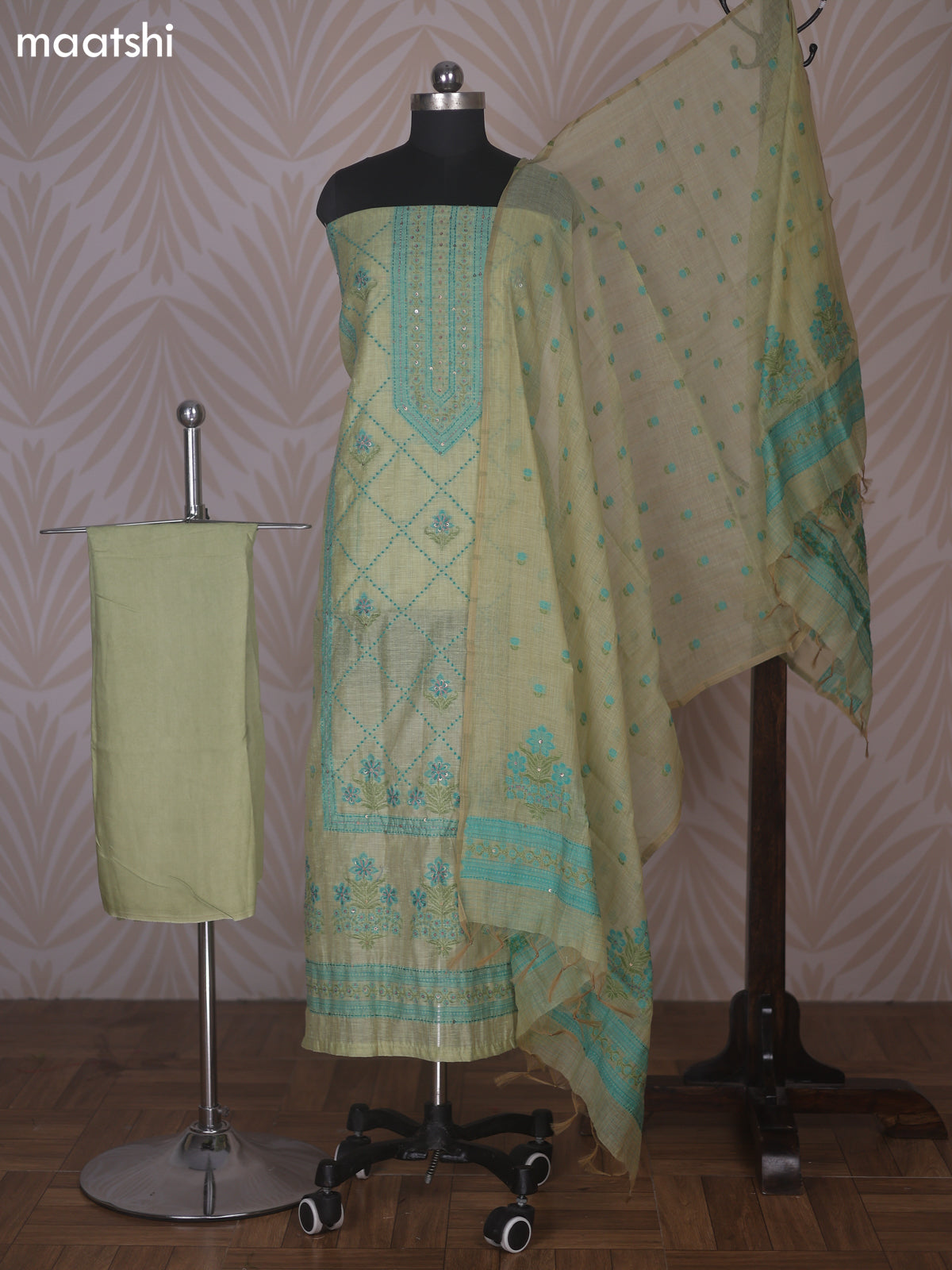 Mild Pista Green Linen Cotton Dress Material With Allover Kantha Stitch Work Pattern