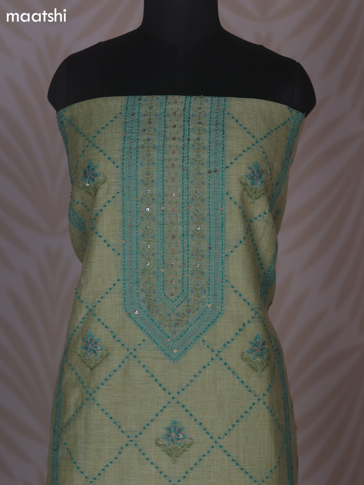 Mild Pista Green Linen Cotton Dress Material With Allover Kantha Stitch Work Pattern