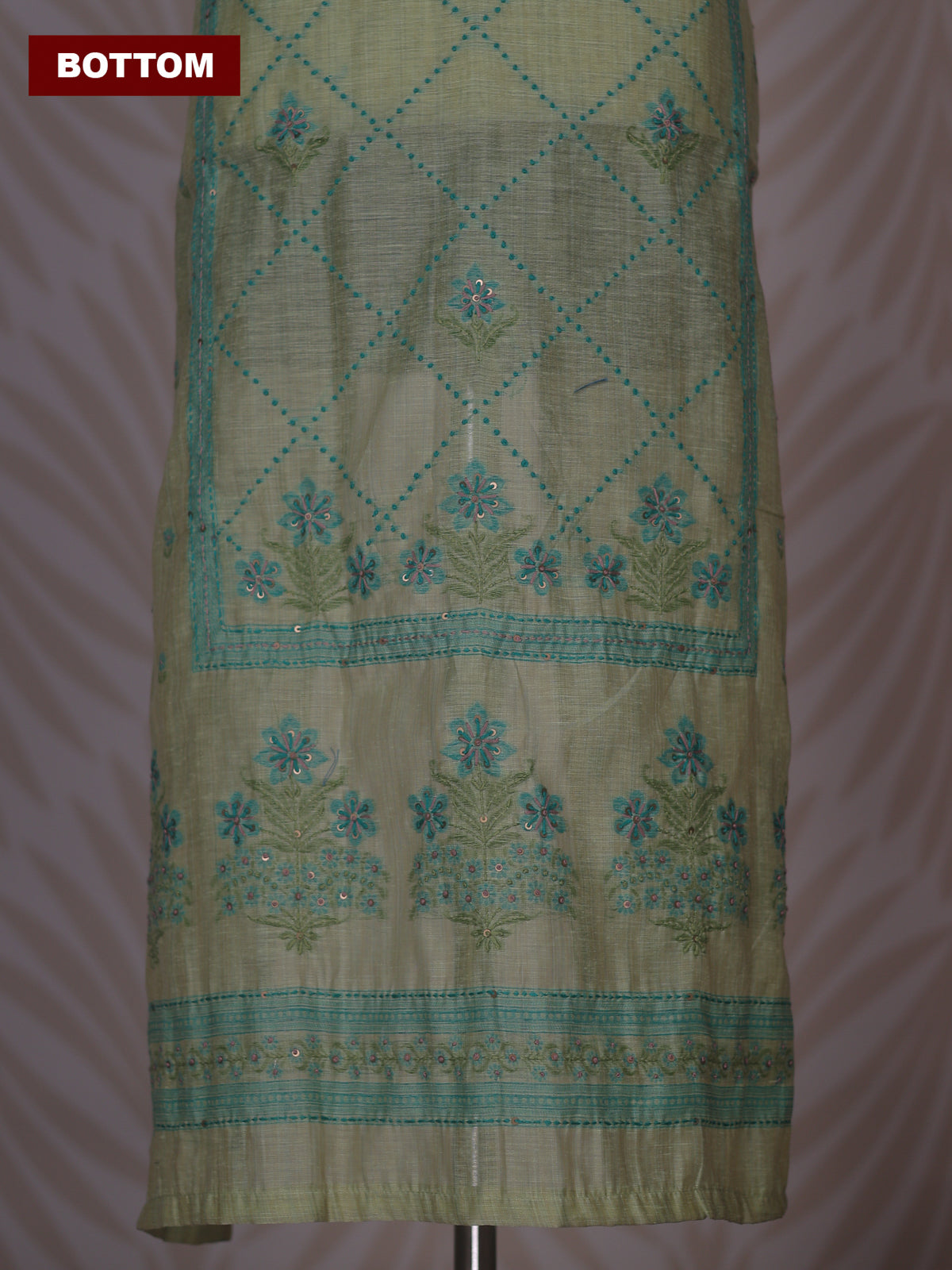 Mild Pista Green Linen Cotton Dress Material With Allover Kantha Stitch Work Pattern