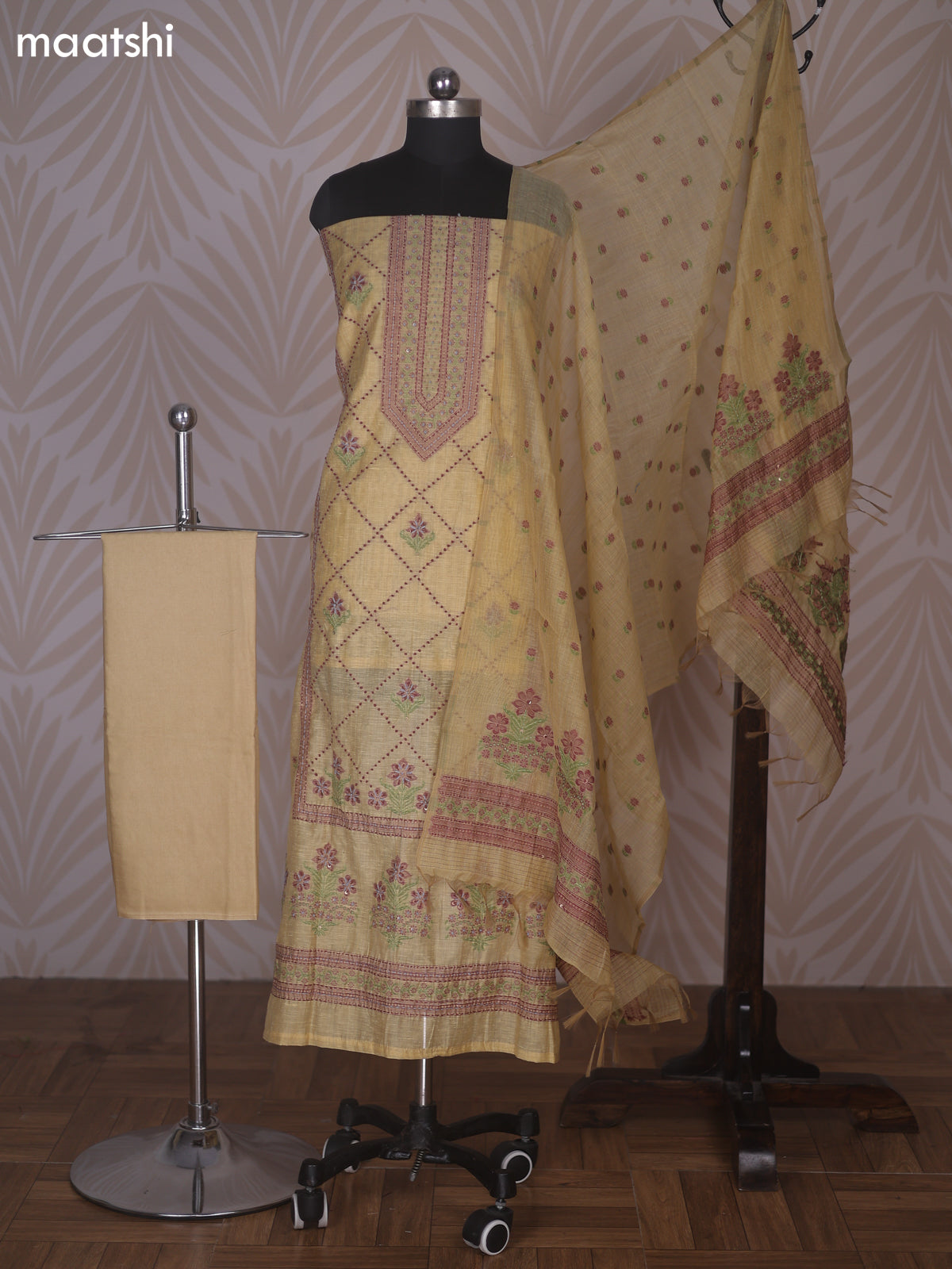 Pale Yellow Linen Cotton Dress Material With Allover Kantha Stitch Work Pattern