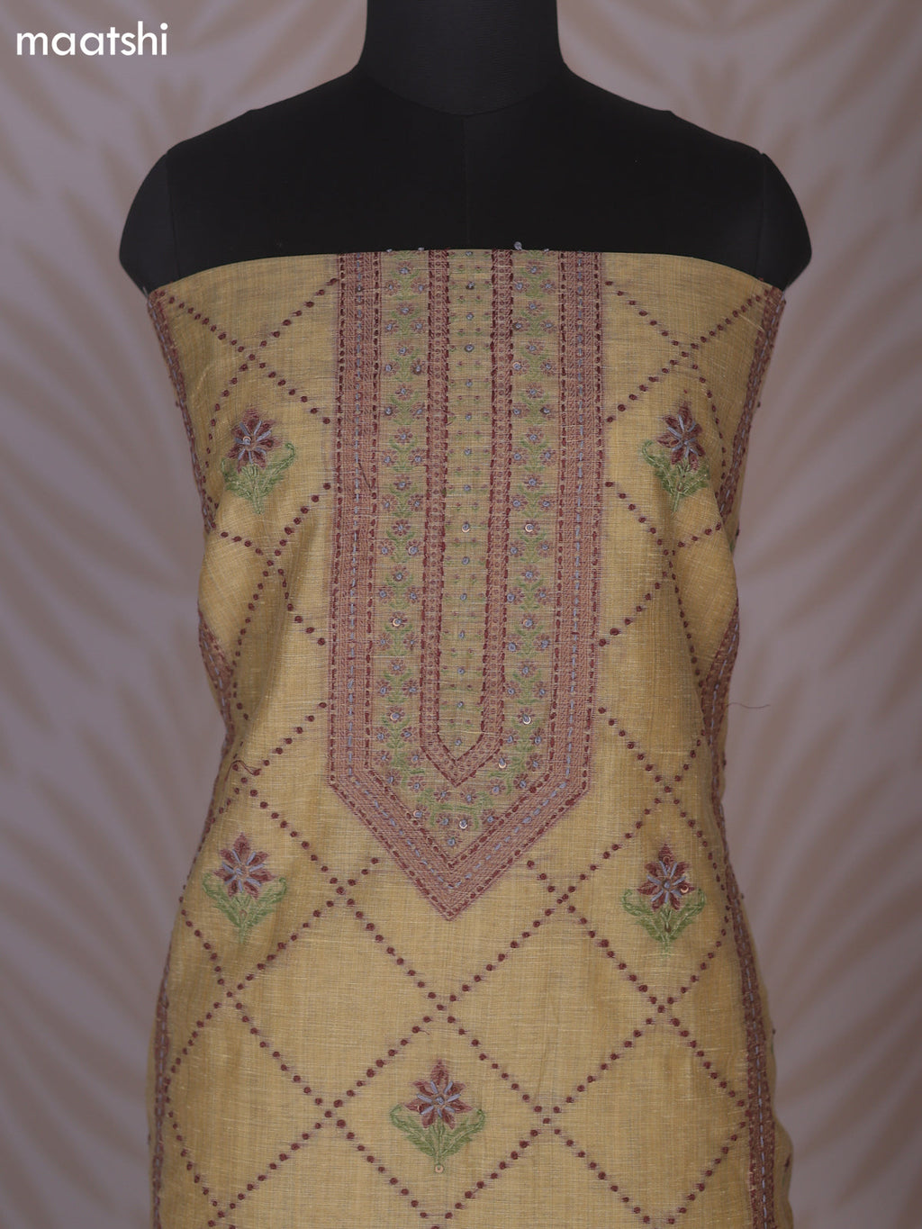 Pale Yellow Linen Cotton Dress Material With Allover Kantha Stitch Work Pattern
