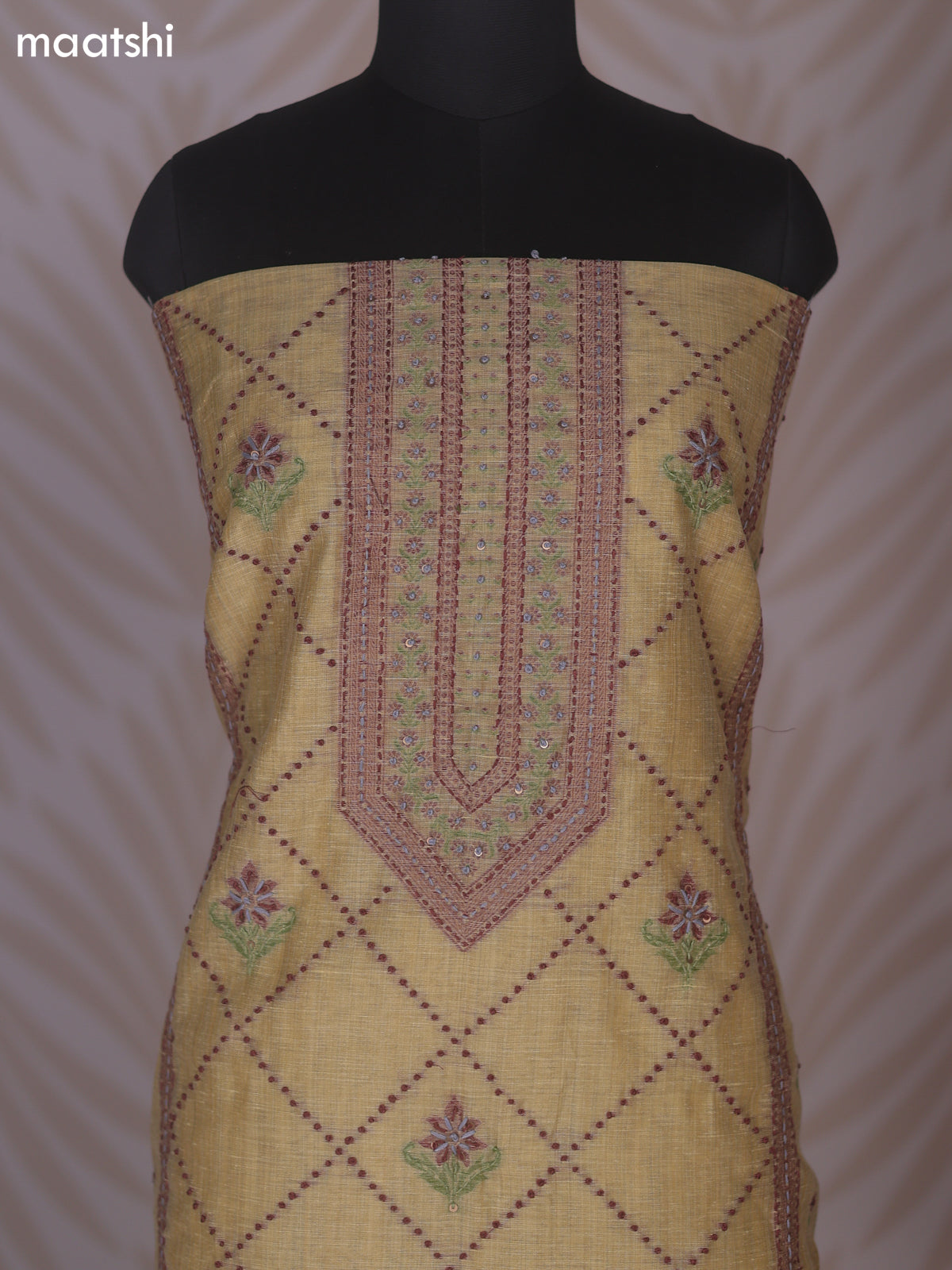 Pale Yellow Linen Cotton Dress Material With Allover Kantha Stitch Work Pattern